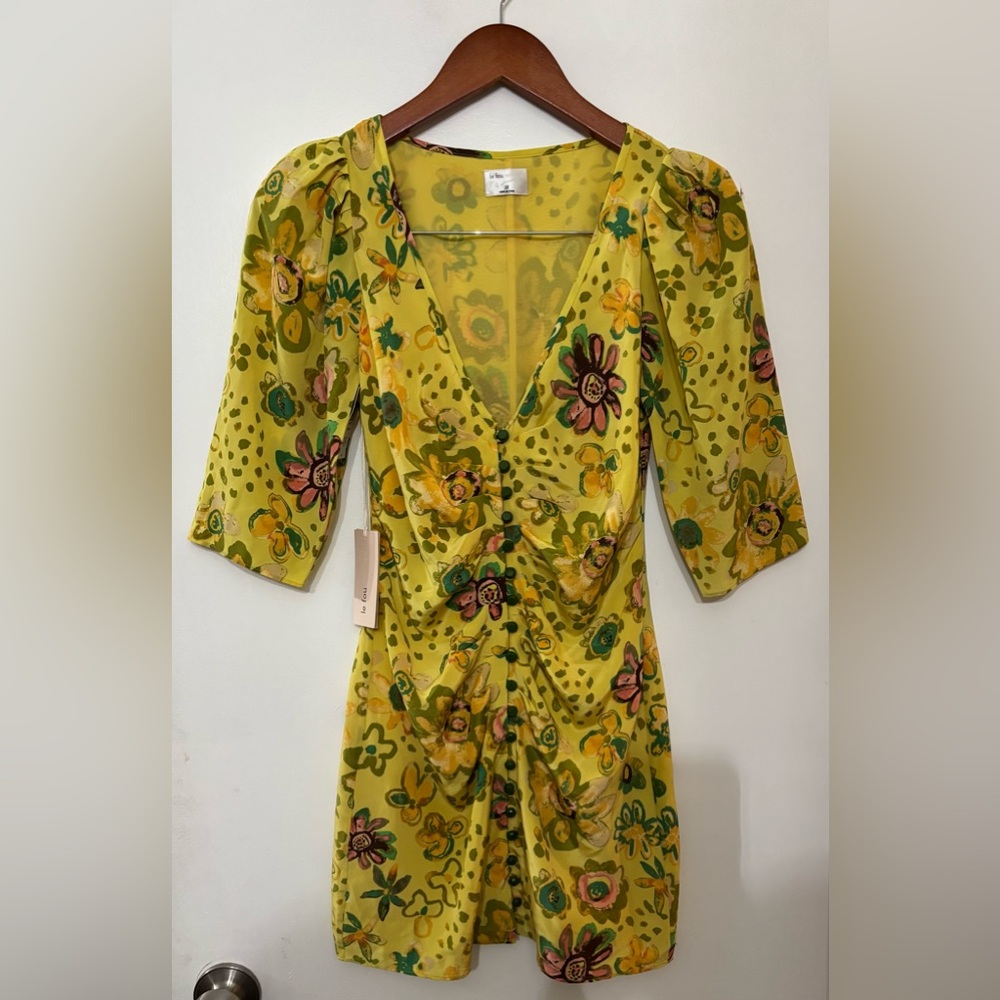 Le Fou Wilfred Aritzia Women's Yellow Mini Dress Silk Floral Print Size 00 NWT